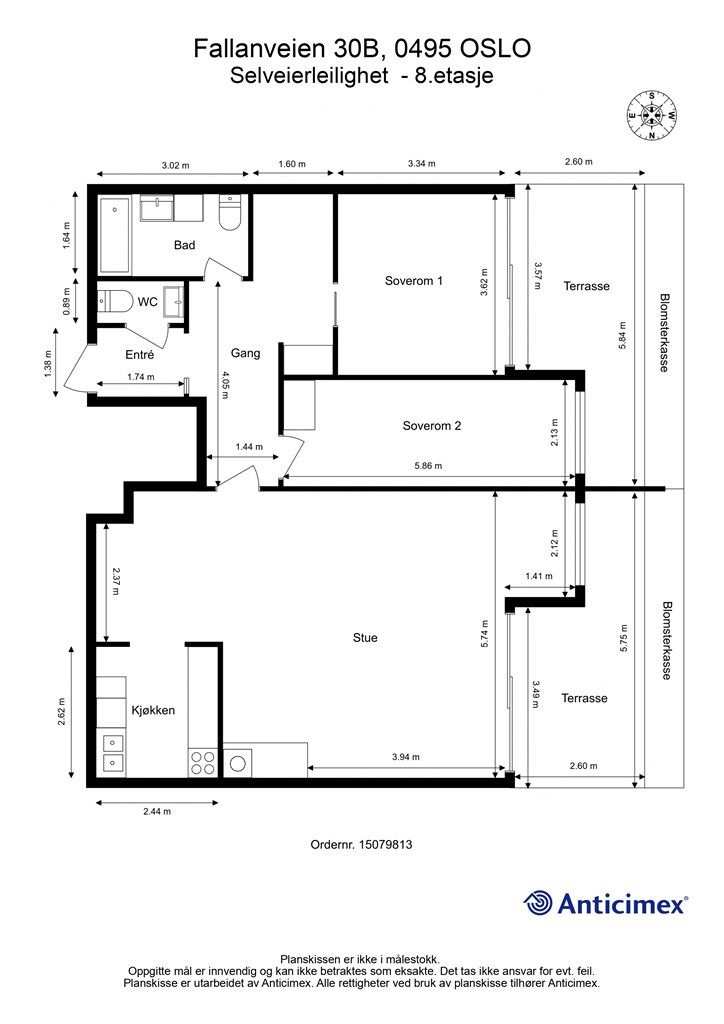 Planskisse. Bare veggen mellom stuen og soverom 2 er bærevegg