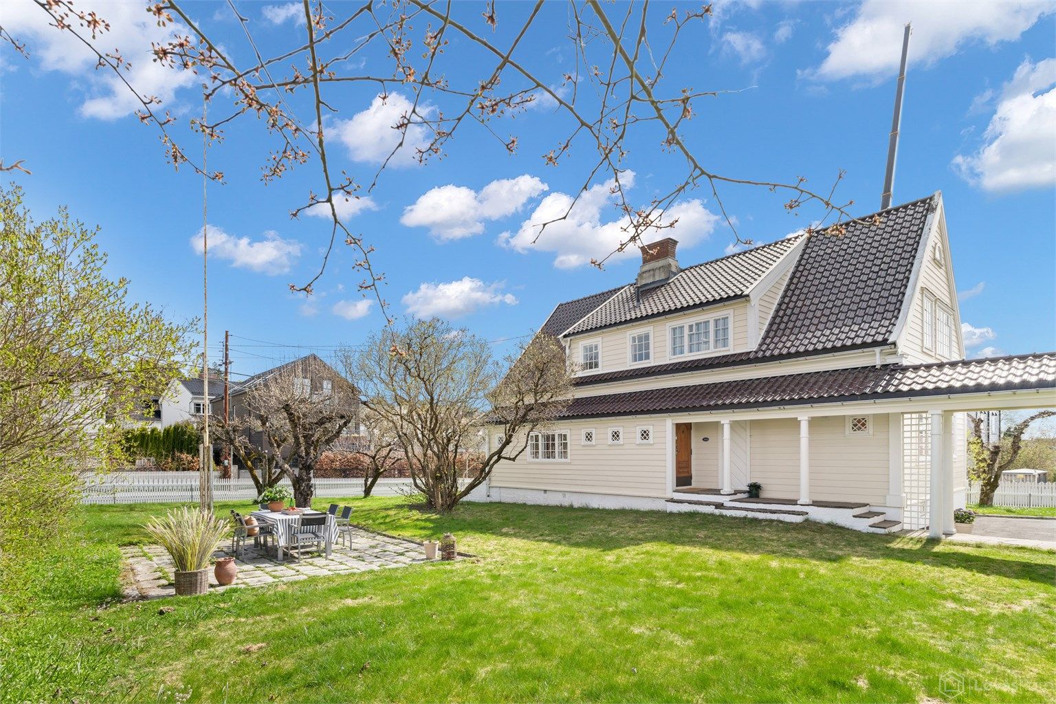 Forholdsvis flat tomt som er pent opparbeidet med bl.a. stort plenareal, markterrasse, frukttrær og beplantning