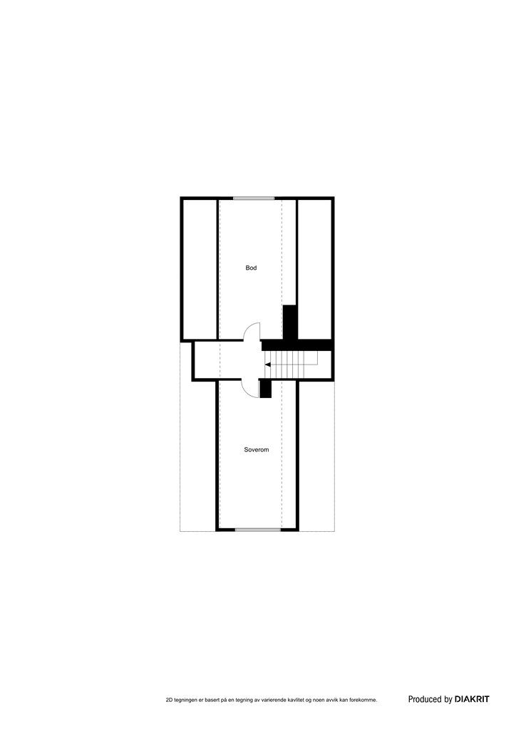 2. etasje – plantegning (tegningen viser et rom beskrevet som soverom, men rommet er ikke godkjent for varig opphold og er derfor og anses som en bod eller oppbevaringsrom).