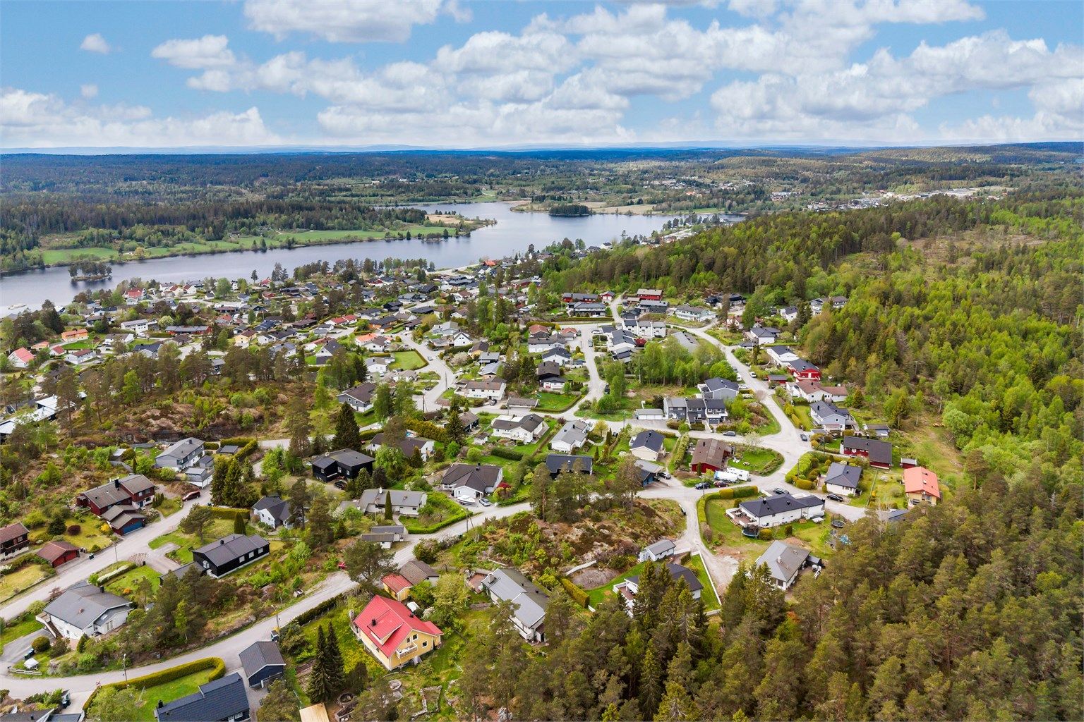 Oversikt over det rolige og etablerte nabolaget.