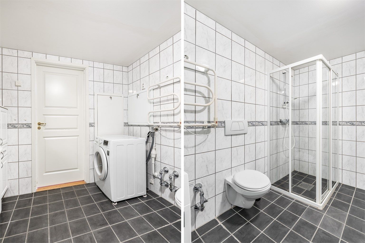 Forhold knyttet til badets tettesjikt og overflater på vegger, herunder riss/sprekker i fliser, er gitt TG 3. Ytterligere undersøkelser er anbefalt. Vaskemaskin medfølger.