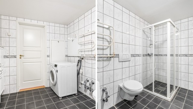 Forhold knyttet til badets tettesjikt og overflater på vegger, herunder riss/sprekker i fliser, er gitt TG 3. Ytterligere undersøkelser er anbefalt. Vaskemaskin medfølger.