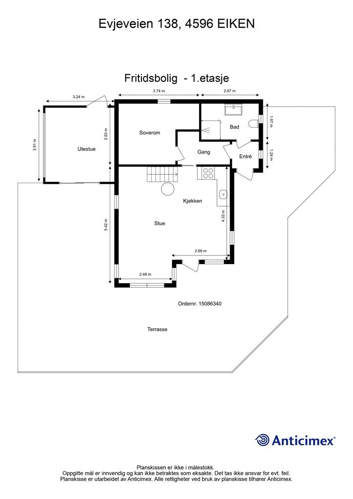 Plantegning 1. etasje m/ mål, men ikke i målestokk (avvik kan forekomme)