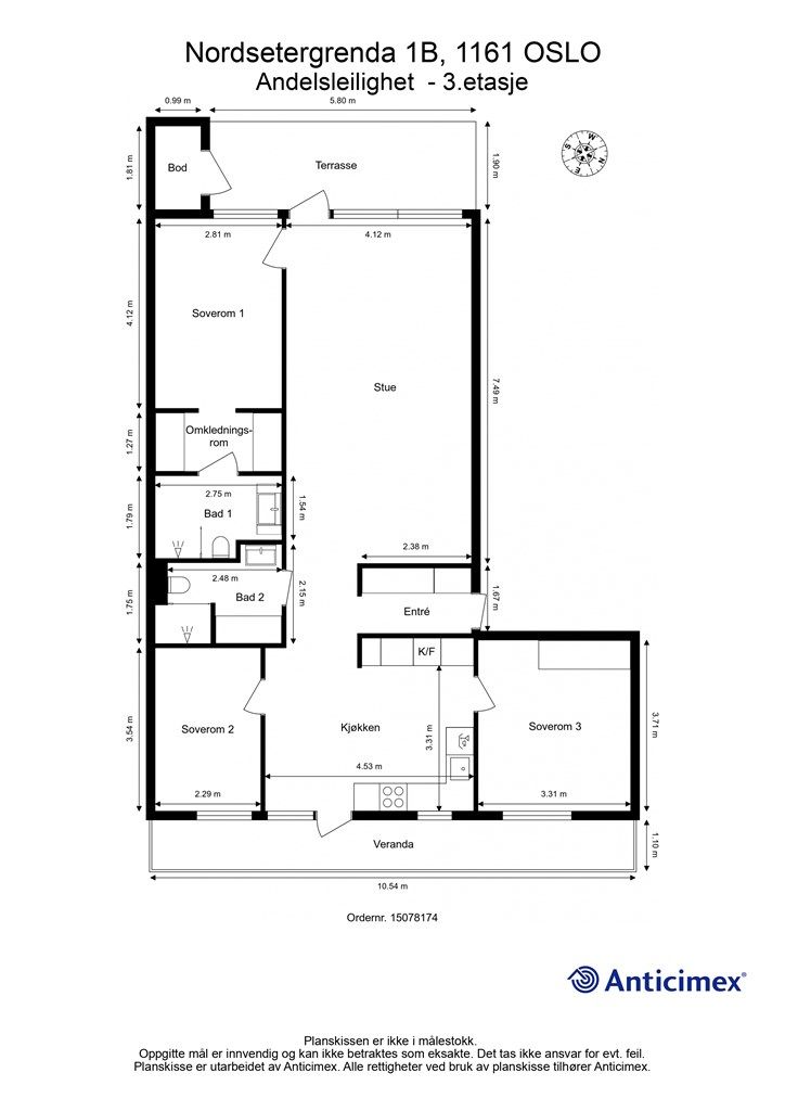 Plantegning - leiligheten ligger i byggets 2. etasje