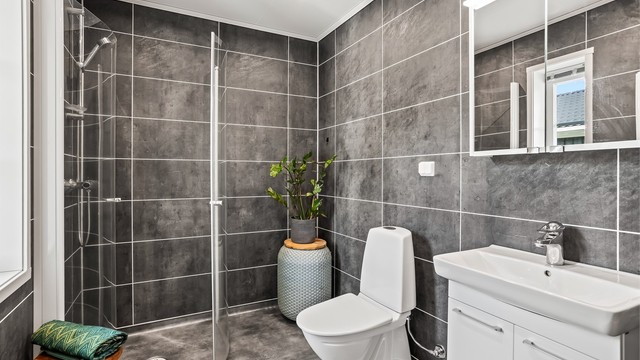 Fra entréen har du tilgang til boligens første bad. Badet er utstyrt med toalett, dusj og servant med skap.