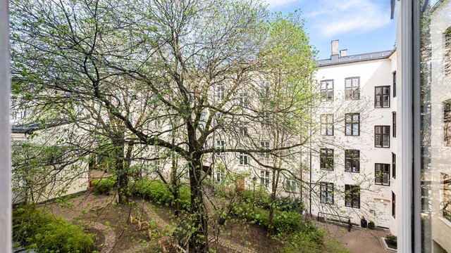 Her kan man våkne til morgensol og fuglekvitter. Rolig bakgård.