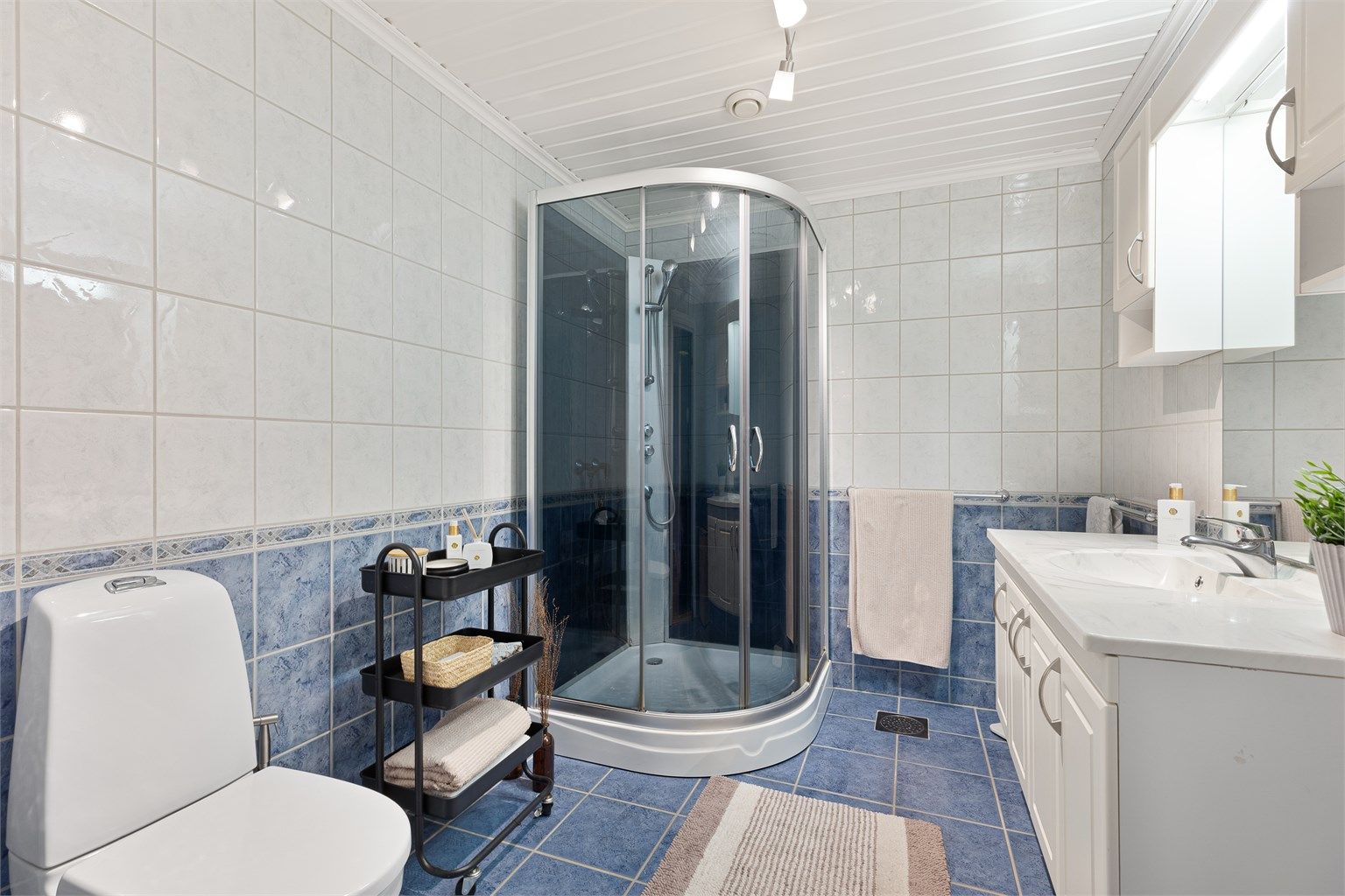 Badet er videre utstyrt med dusjkabinett og toalett.