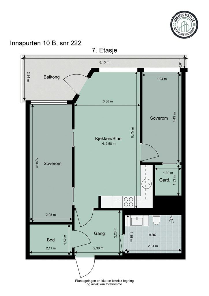 Målsatt planskisse - Innspurten 10 B - 7. etasje 