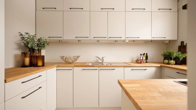 Nøytral og stilren innredning, men benkeplate i heltre.