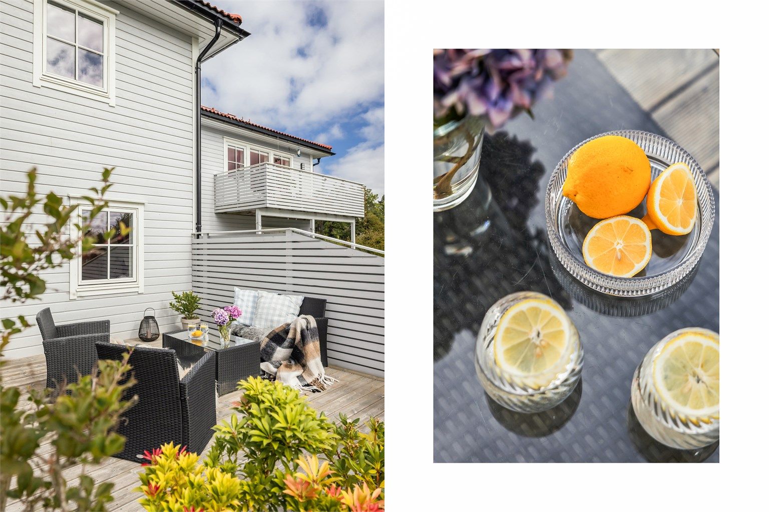 Nydelig hage i front av boligen. Her er det også en fin treterrasse.