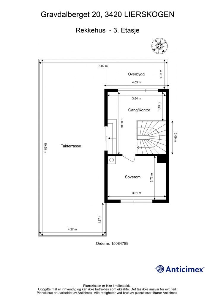 Plantegning 3 etasje, som består av trapperom/kontor og utgang til takterrasse.