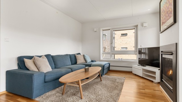 Stuen har plass til sofaløsning med tilhørende møblementer og tv-seksjon. Gasspeis som gir godt med både varme og koselig atmosfære