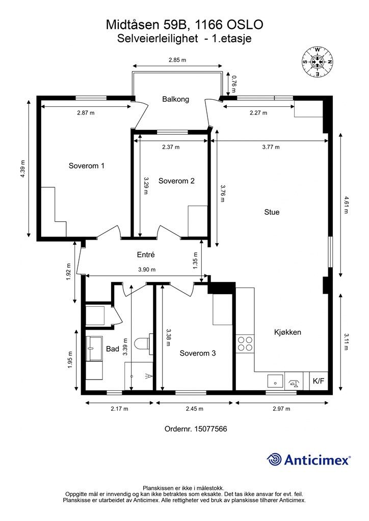 Plantegningen viser en arealeffektiv leilighet med tre soverom og en god planløsning.