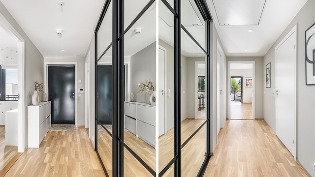Speildørsgarderobe er installert også i entreen. Her oppbevares yttertøyet lett tilgjengelig.