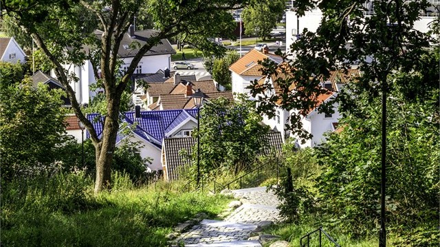 Fine turstier og trappeganger opp til Preståsen naturpark med utsikt over byen.