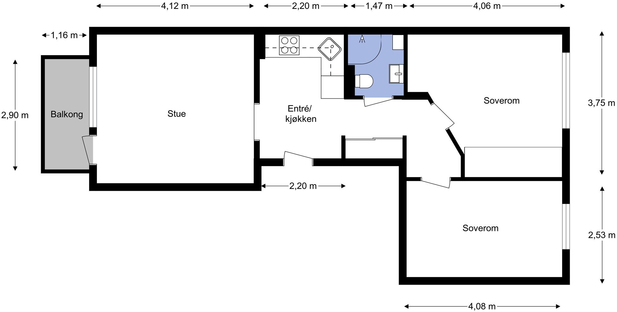 Alternativ planløsning som er brukt i tilsvarende leiligheter i bygget. 