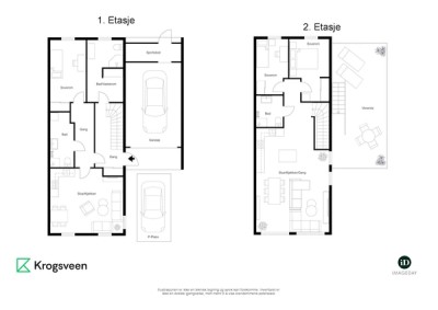 2D plantegning med etasjeoversikt over 1 og 2 etasje
