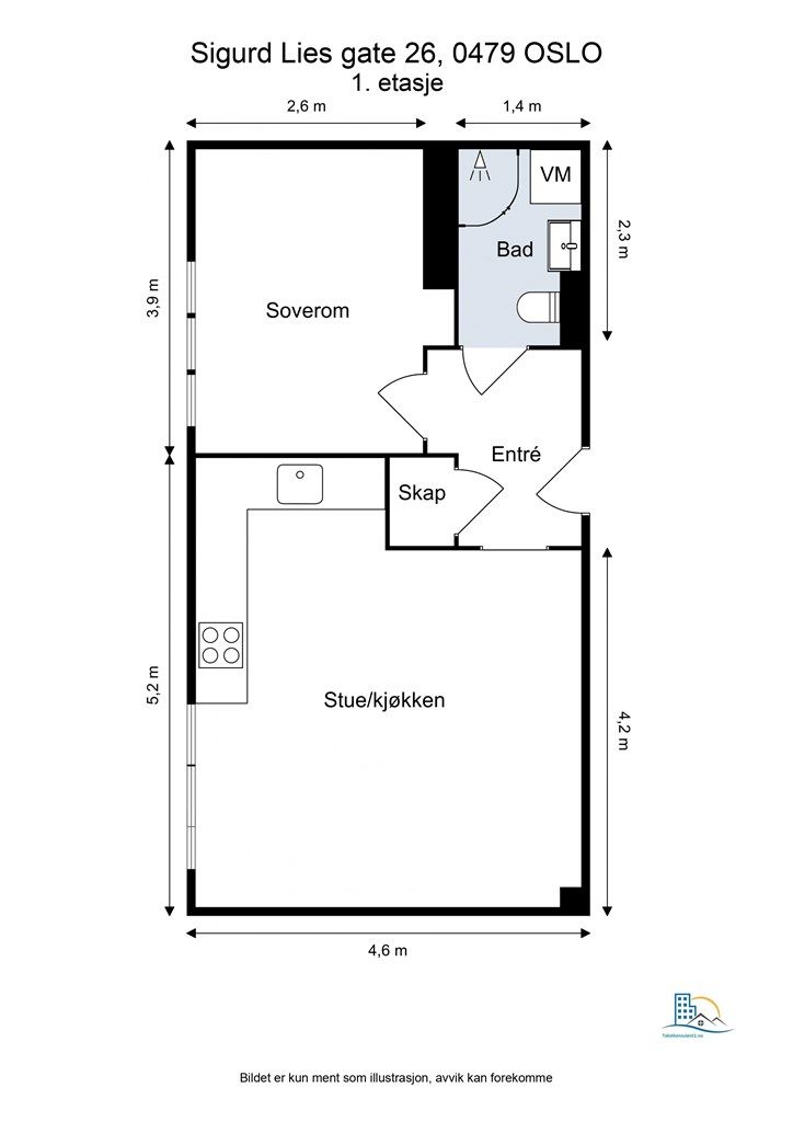 Boligen inneholder entré, stue, kjøkken, bad, soverom samt både loft- og kjellerboder for oppbevaring. 
