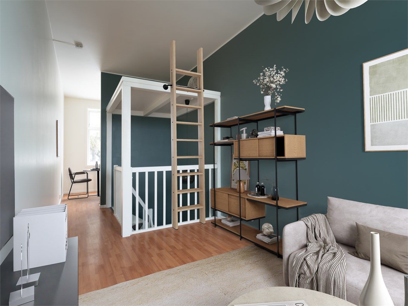 Det er lagt opp til en smart studioløsning over trappeoppgangen. Bildet viser en illustrert innredning. 