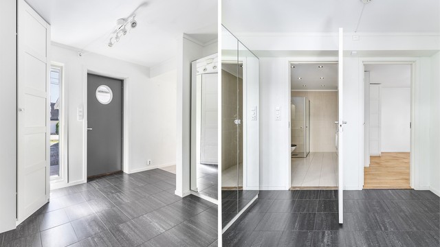 Soverommene og badet er tilbaketrukket fra stuen og samlet omkring den romslige entreen. I entreens gulv er det varmekabler.