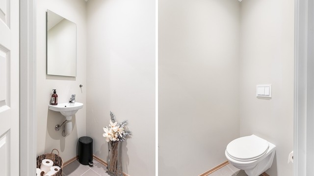 I tillegg til badet inneholder leiligheten også et ekstra gjestetoalett som er lett tilgjengelig fra entreen.