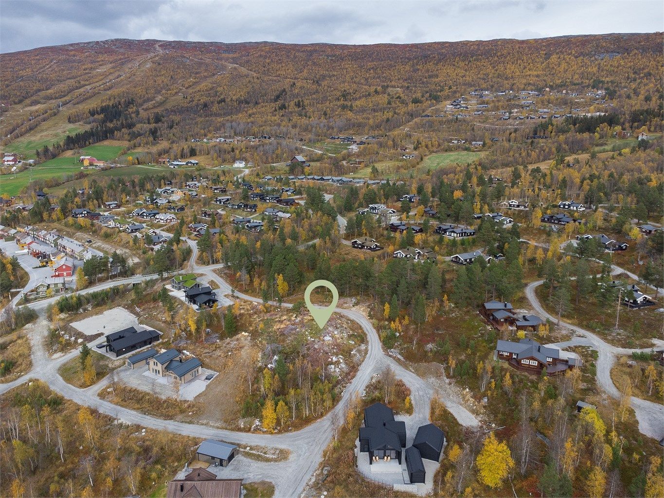 Dronebilde av hyttefeltet og nærområdet