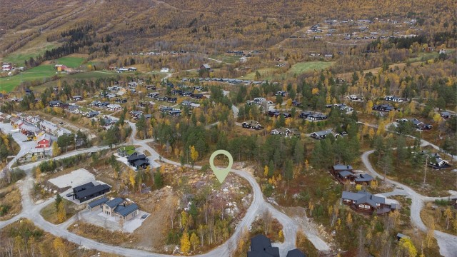 Dronebilde av hyttefeltet og nærområdet
