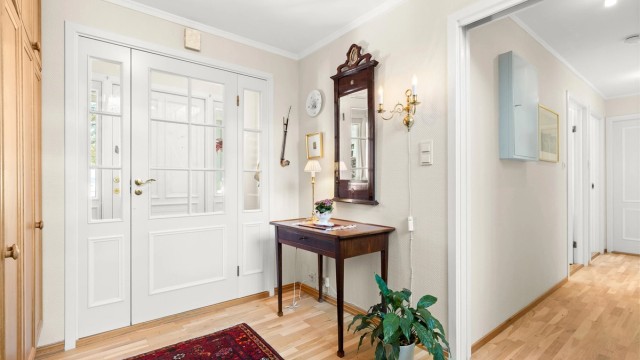 Hall med glassdør til vindfanget. Gulvflise med varmekabler i vindfanget