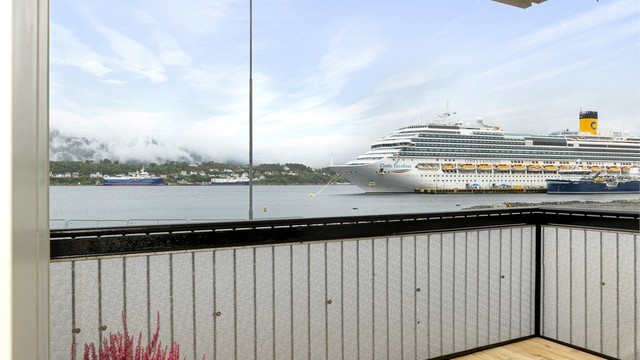 Solrik terrasse mot syd og vest. Utgang til terrassen fra stuen.