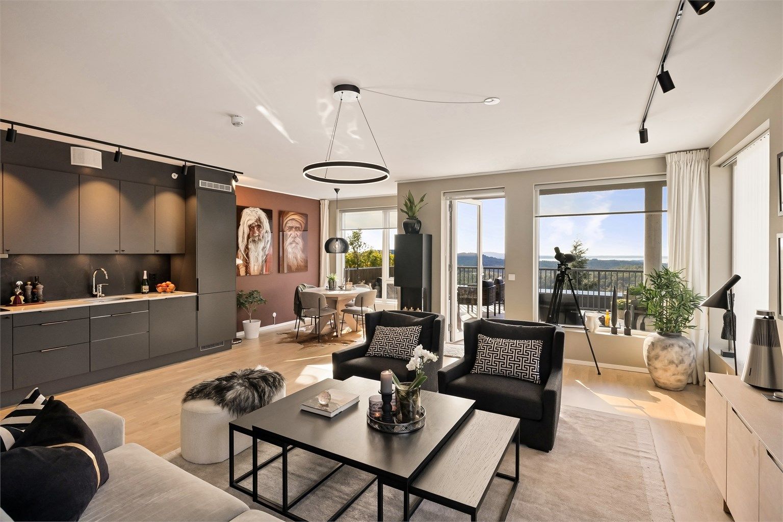 Stor og luftig stue og kjøkken.