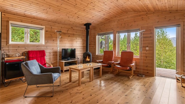 Vedovnen i stuen gir god varme og en lun atmosfære.