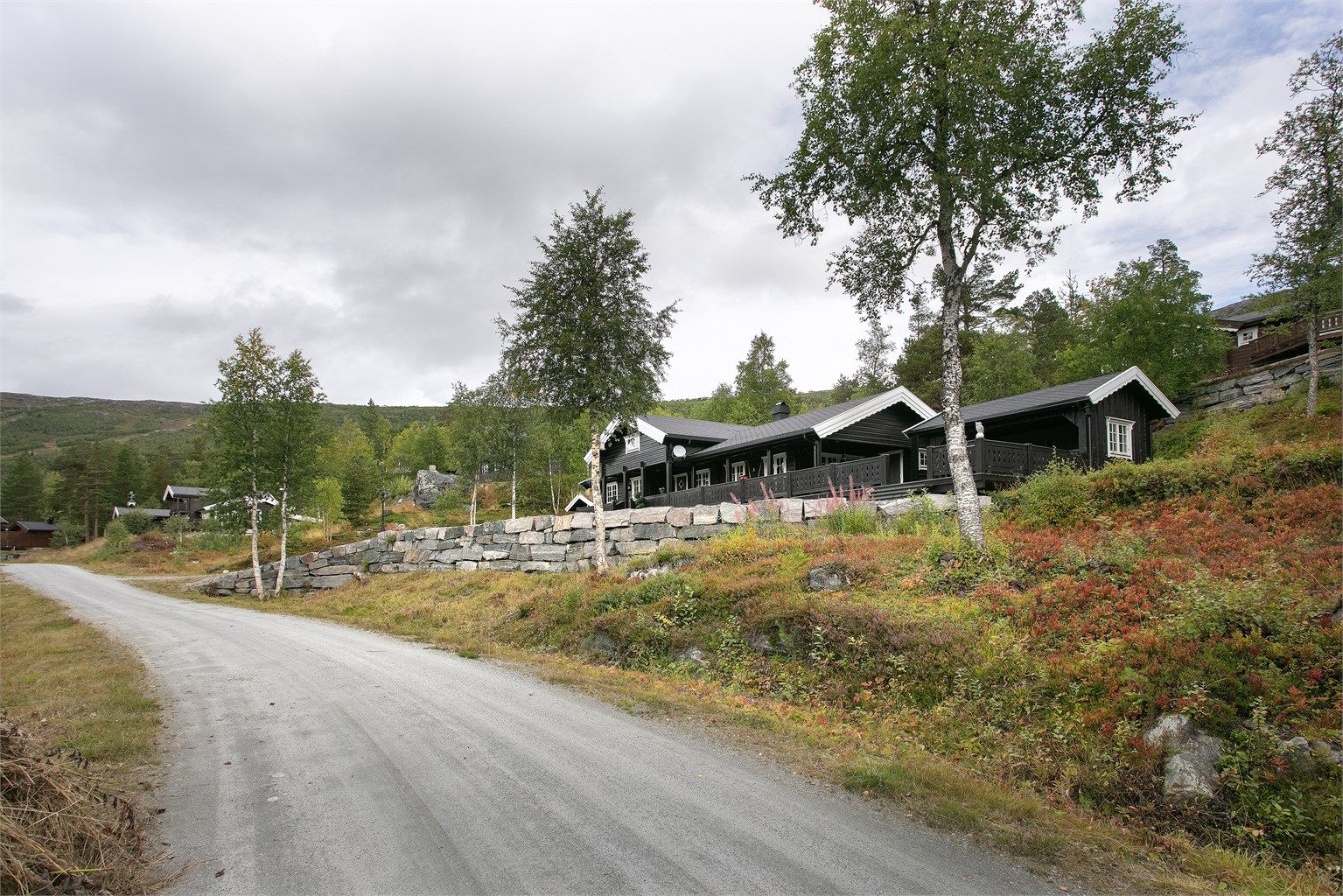 Fasade sett fra adkomstvei med flott natursteinsmur