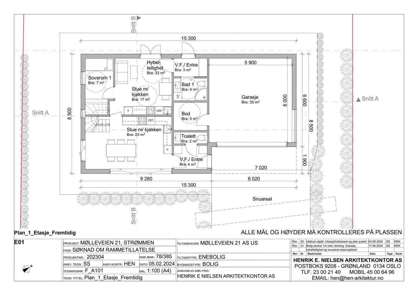Plantegning for 1. etasje,
 med hybeldel.