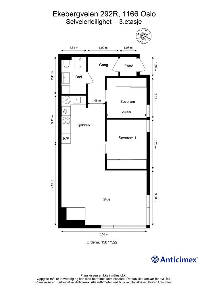 Planløsningen på 59 m² er arealeffektiv og omfatter entré, bad, to soverom og stue med åpen kjøkkenløsning.