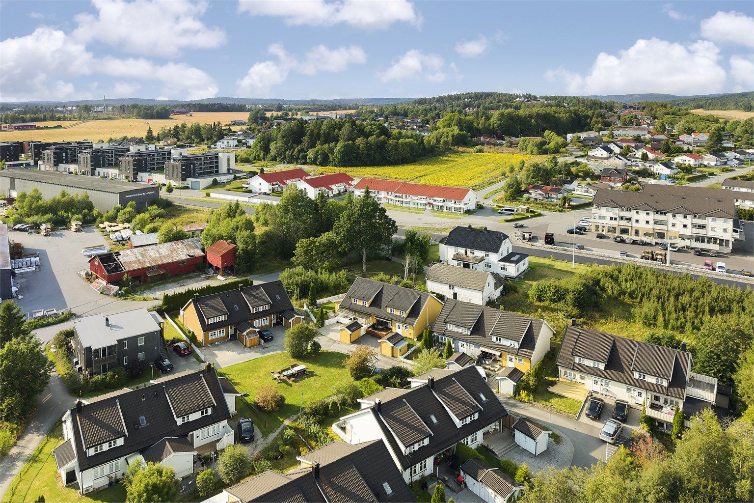 Oversikt over nærområdet som er preget av boligbebyggelse og grønne lunger.