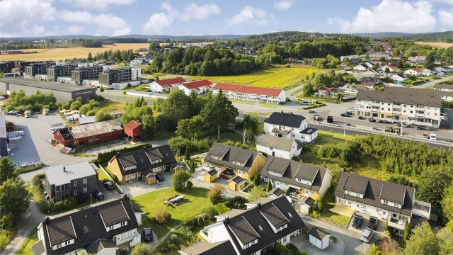 Oversikt over nærområdet som er preget av boligbebyggelse og grønne lunger.