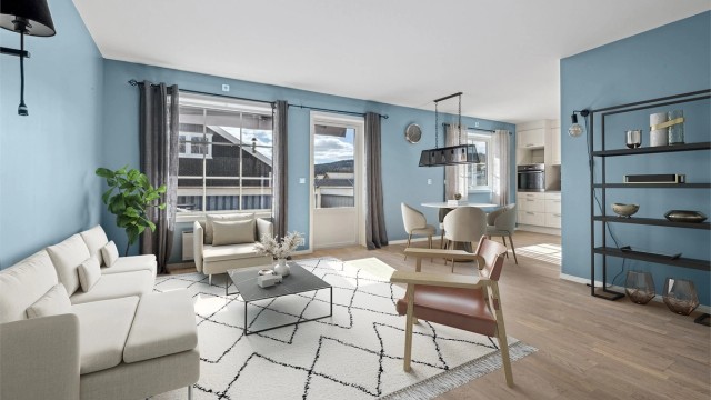 Krogsveen v/ Trude Stensby presenterer Feviksvingen 55F - En innbydende og flott 3-roms eierleilighet på barnevennlige Åsgreina (digitalt stylet foto)