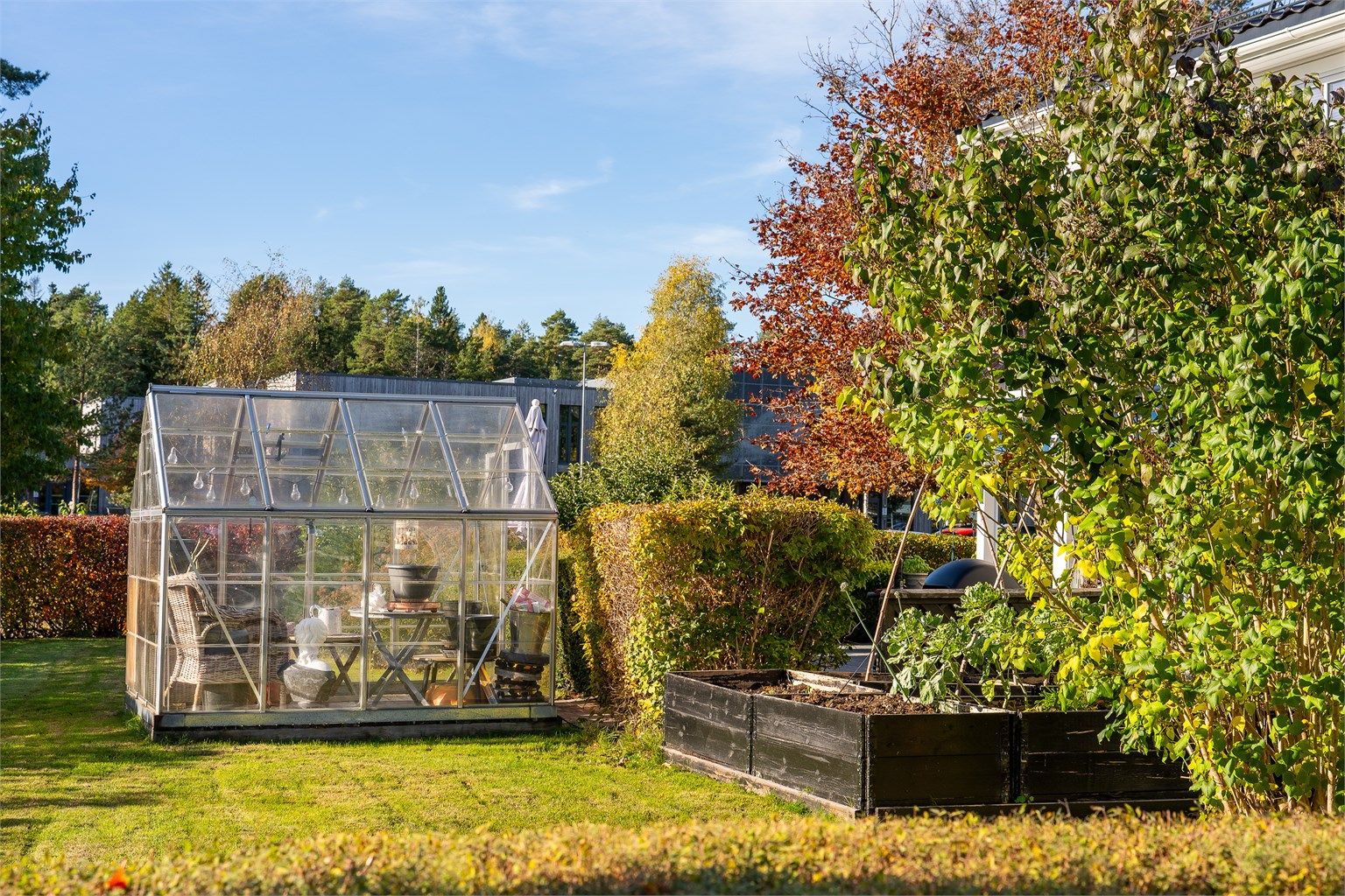 Drivhuset er plassert like ved plantekassene i hagen.
