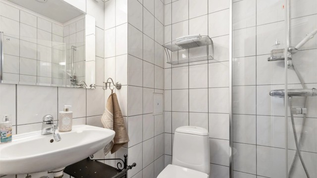 Badet er utstyrt med oppgradert dusjhjørne, servant og toalett, samt mekanisk avtrekk.