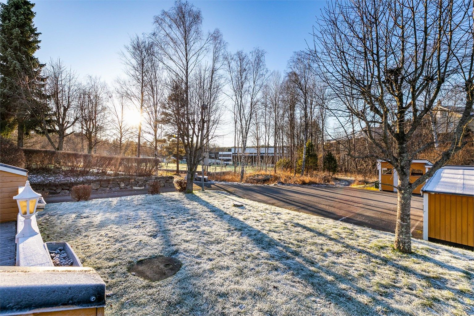 Utsyn fra terrassen til prydbusker og høyreiste trær som i årets varmere måneder er fylt av grønne blader.