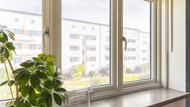 Dype vinduskarmer gir plass til grønne planter og ekte bygårdssjarm. Herfra ser du ned på Funkisgårdens skjermede og gartnerstelte bakgård, som blomstrer gjennom hele sesongen og er et populært samlingspunkt for naboene.