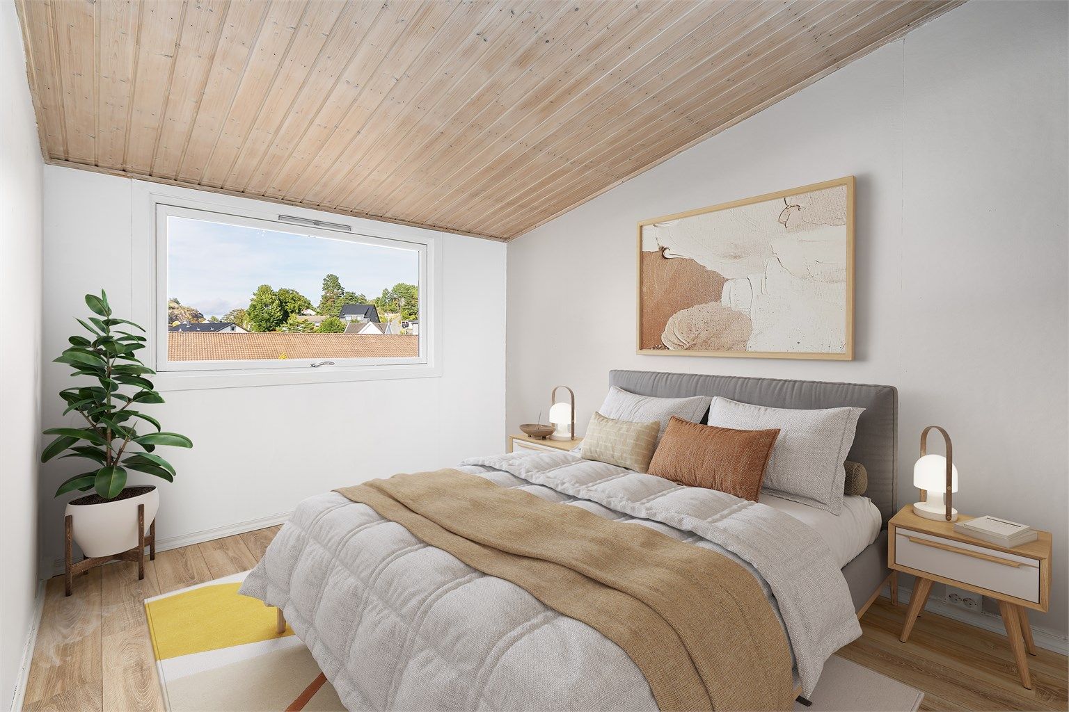 Soverommene er samlet på én flate i andre etasje. Dette har nesten 10 kvm. gulvflate og er et naturlig hovedsoverom. Bildet er digitalt stylet.