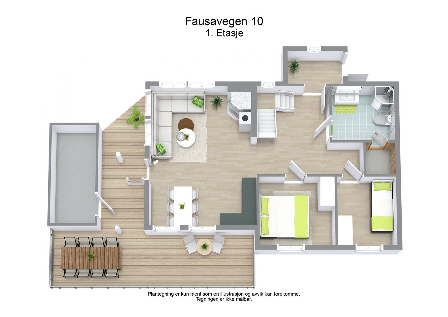 Første etasje inneholder stue/kjøkken, to soverom, bad og gang.