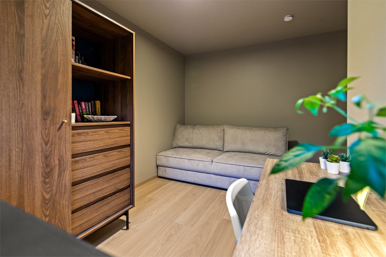 Rommet har parkett på gulv, slette malte vegger og god plass til sovesofa.