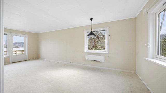 Stue med varmepumpe og peisovn.