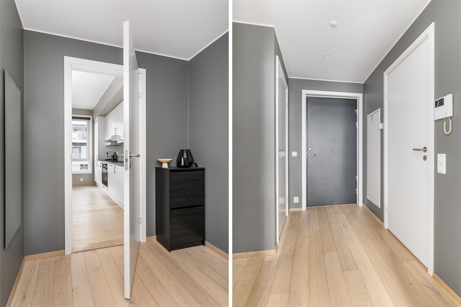 Leilighetens innvendige bod er tilgjengelig fra entreen. I entreen er det for øvrig plass til skap eller en skyvedørsgarderobe.