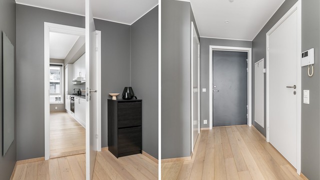 Leilighetens innvendige bod er tilgjengelig fra entreen. I entreen er det for øvrig plass til skap eller en skyvedørsgarderobe.