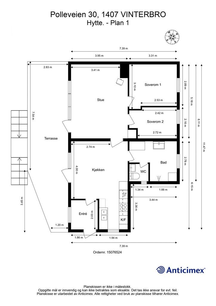 Hytta har en arealeffektiv planløsning med to soverom, stue, kjøkken og et bad som ble rehabilitert i 2024.