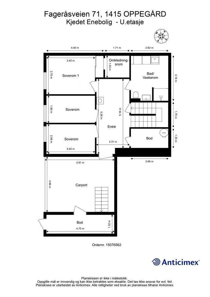 Plantegningen for underetasjen viser entré, tre soverom, bad/vaskerom og to boder.