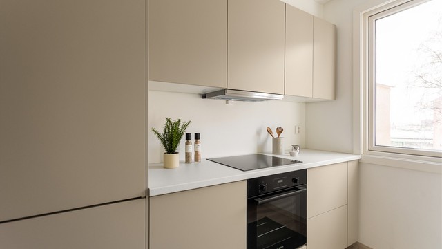 Hvitevarene er integrert og inkluderer stekeovn, platetopp, oppvaskmaskin og kjøl/fryseskap.